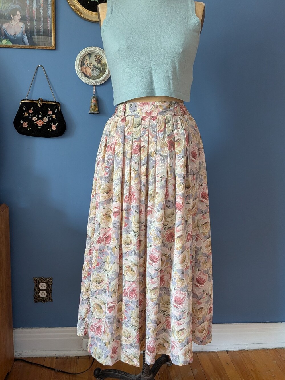 Vintage Floral Maxi Skirt in Pastel Pink, Cream, and Blue